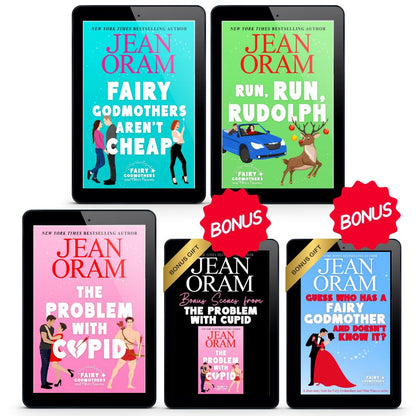3 Fairy Godmothers and Other Fiascos book covers and two bonuses by Jean Oram set on on a white background.