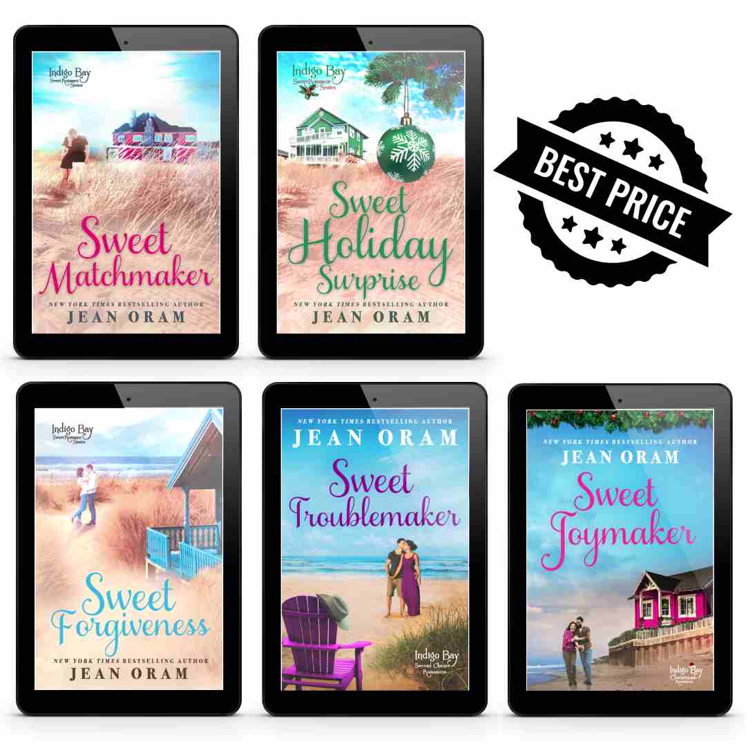 Jean Oram's beach read--Indigo Bay series. Sweet and clean romances. Low spice, lots of swoon.