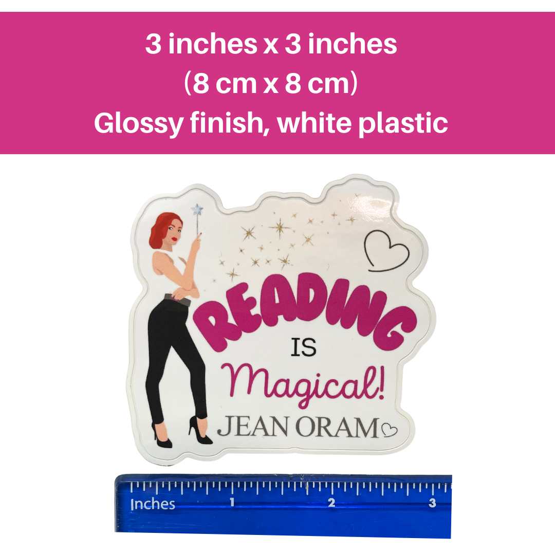 Sticker with 'Reading is Magical' text and a ruler for size reference on a pink background