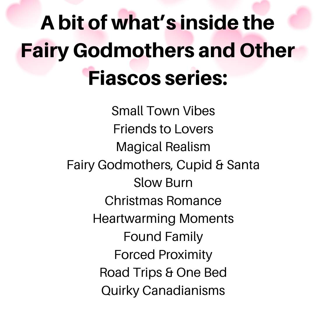 Tropes found in Jean Oram's Fairy Godmothers and Other Fiascos series such as found family, friends to lovers, slow burn romance.